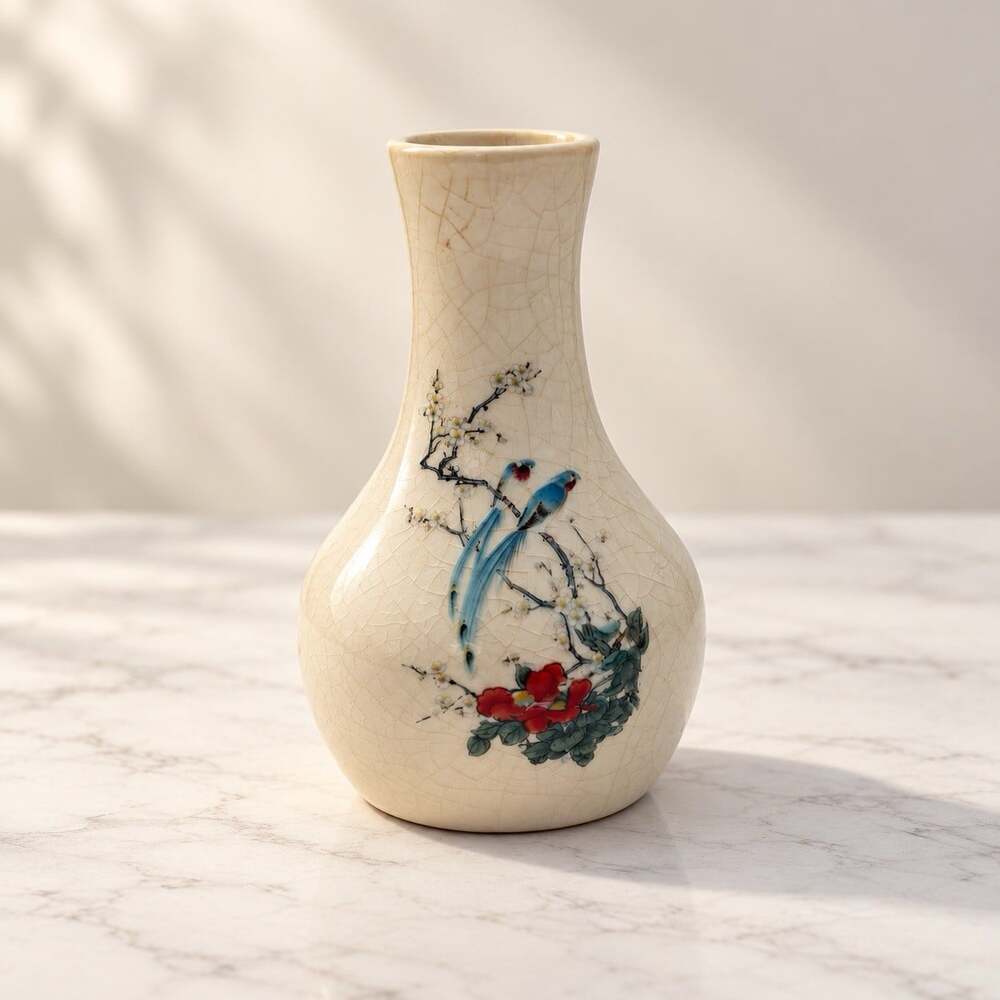 Vintage Crackle Glaze Ceramic Vase Handpainted Birds Cherry Blossoms 6" Asian